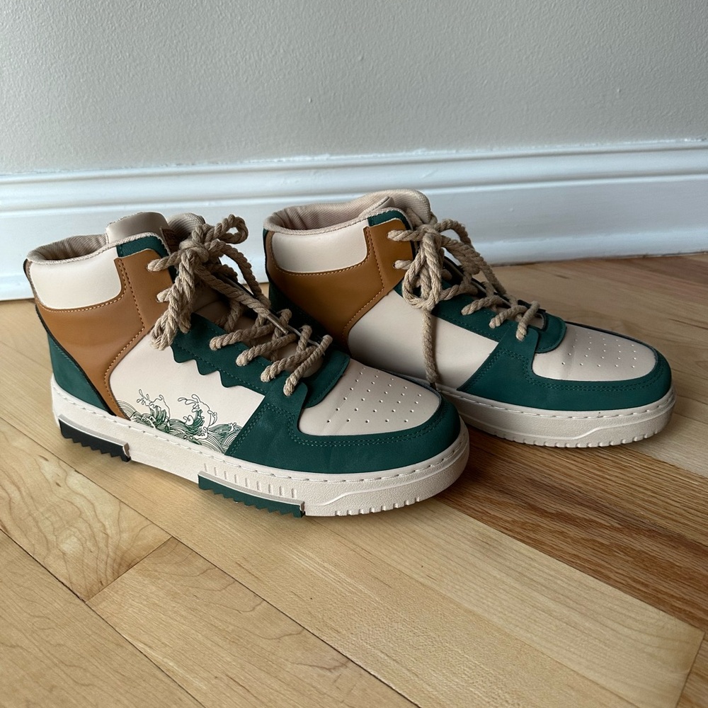 Stylish Green and Tan High-Top Sneakers